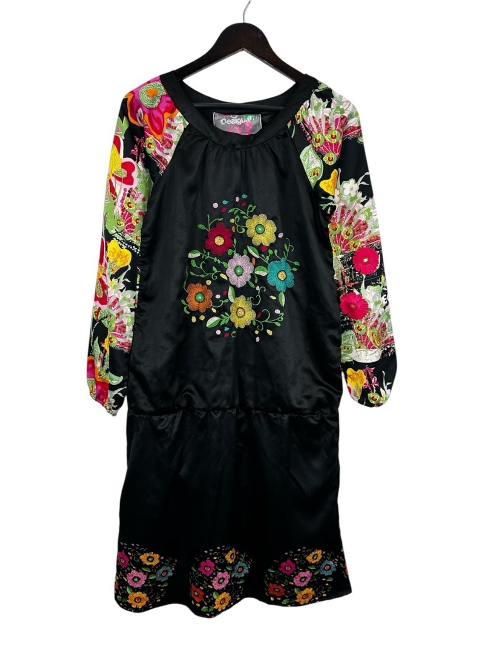 Desigual Long Sleeve Drop Waist Dress Size 38 / US 6 Black Floral
